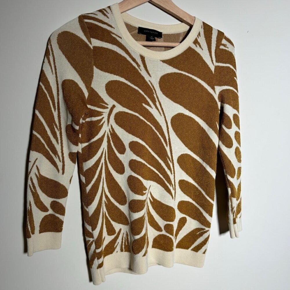 Ann Taylor Shimmer Leaf Cream Gold Print Crew Neck Pull Over Sweater Top XS